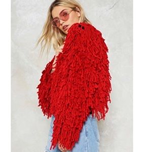 Red wool shag cardigan